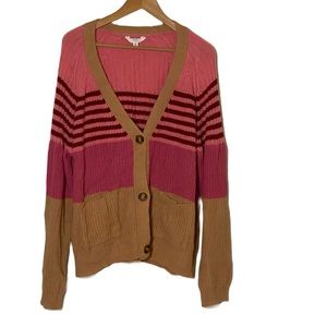 Time and Tru Pink and Tan Button Down Cardigan with Pockets